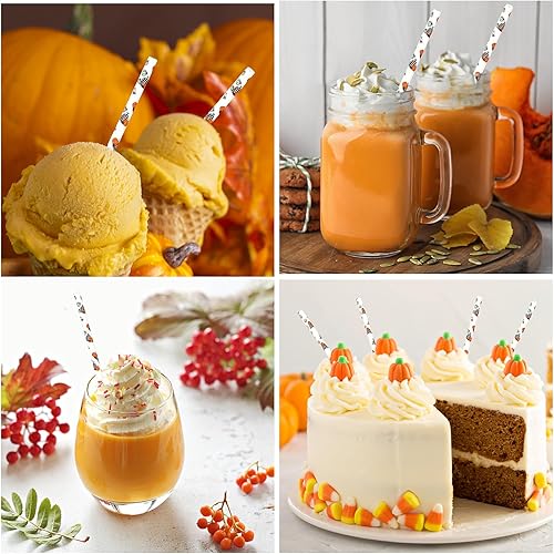 Miniatura 4 de Whaline 200 popotes de papel de otoño desechables de calabaza a cuadros blancos y negros, con patrón de calabaza, pajita decorativa de otoño para