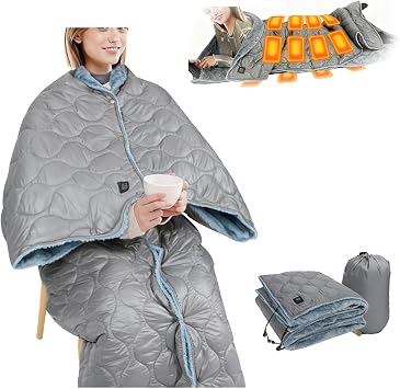USB Rechargeable Heated Adults Shawl/Blanket Washable, Portable Heated Blanket Battery Operated 3 Heat Settings 10h Auto-Off 16 Heating Zones for Travel & Home Office, 180x140cm Gray