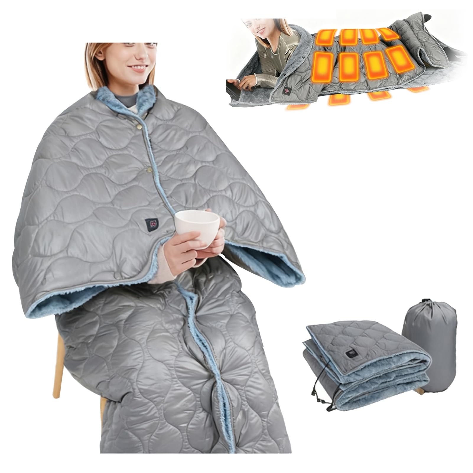 Manta De Calefacción Eléctrica con Carga USB, USB Chal Calefactor Eléctrico con 16 Zonas De Calor Y 3 Niveles De Calor, Lavable,Calentamiento Rápido,Super Suave Cobijas Eléctricas (Gray)