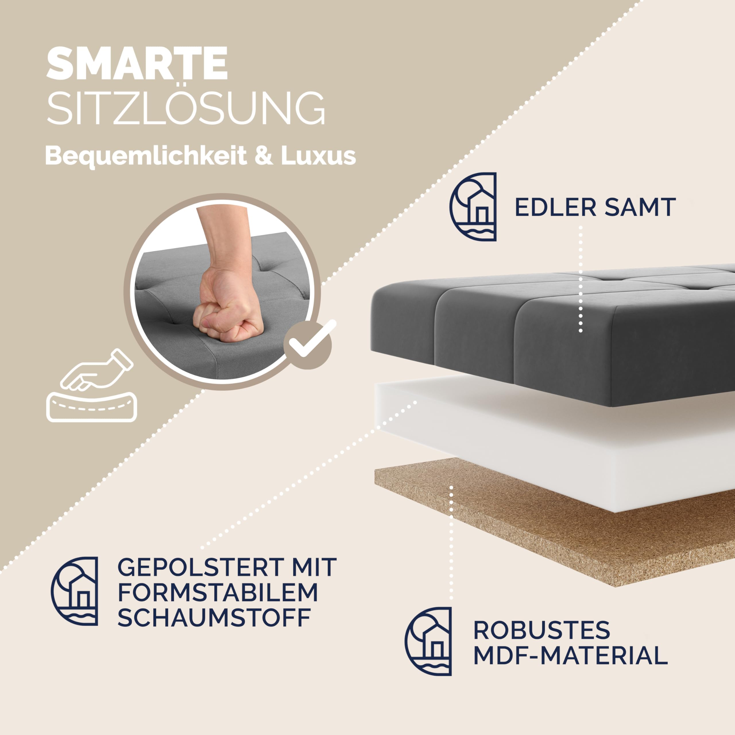 Casaria® Sitzbank mit Stauraum Anthrazit Samt mit Holzfüßen Faltbar Sitzbank 300kg Belastbar 76cm Truhe Wohnzimmer Schlafzimmer Flur Truhenbank Bank