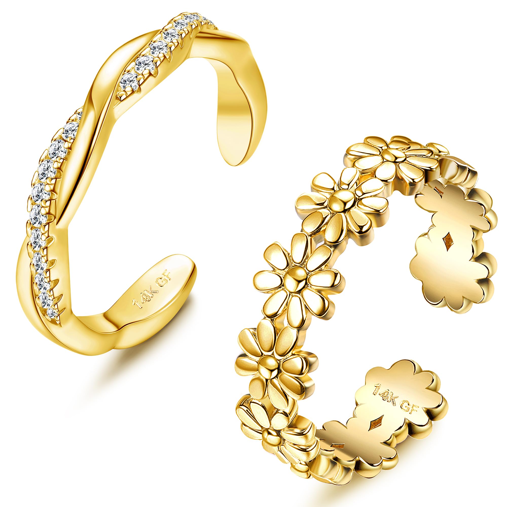 FINREZIO 2PCS 14K Gold Fillled Toe Rings for Women Cute Hug CZ Flower Simple Band Toe Rings Beach Summer Foot Jewelry for Women