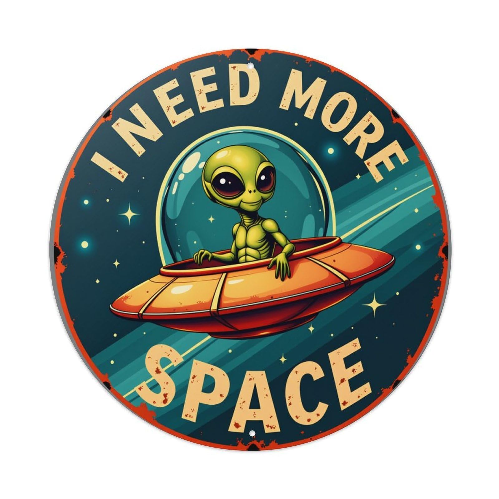 Lzwbntey Vintage Alien In Spaceship With Stars Metal Tin Sign Retro Wall Decor For Home Bar Garage Cafe, Indoor & Outdoor Decorative，Circle Metal Poster, 8X8 Inch