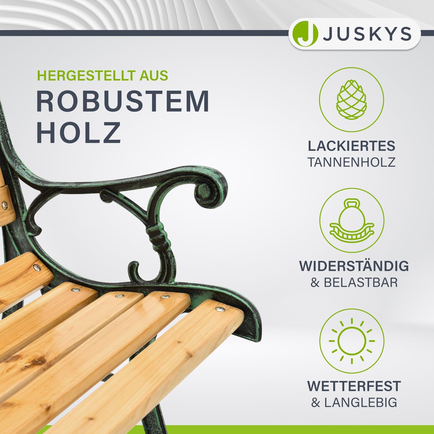 Juskys Gartenbank Venezia - 2-Sitzer Holzbank mit Armlehnen & Rückenlehne - wetterfeste Sitzbank 122x54x73 cm - Seitenelemente aus Gusseisen