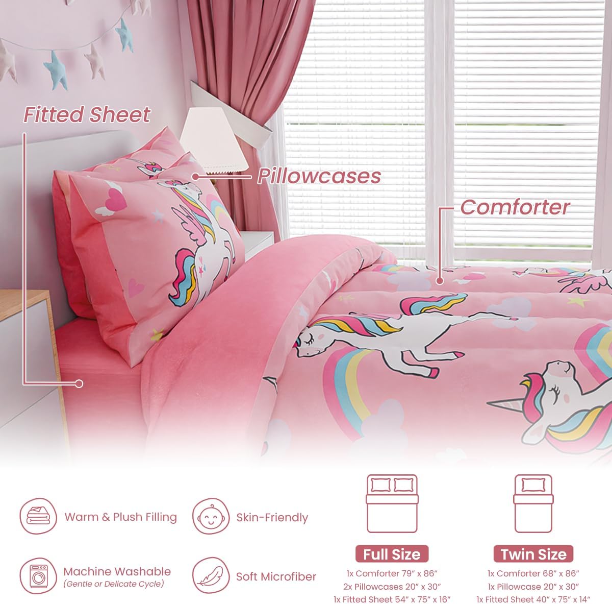 SANDJEST Unicorns Bedding Full Set for Girls Kids Children, Ultra Soft Microfiber Comforter Set with 4-Pieces, Comforters Bed Sets Bedroom Decor