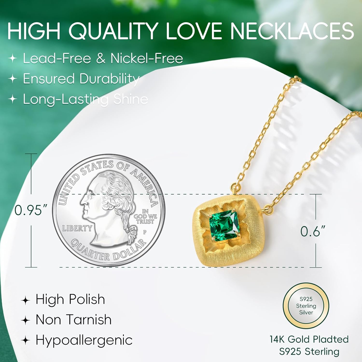 LEONIDS 14K Gold Pendant Necklaces for Women | Moissanite or Lab-Grown Emerald Necklace Non Tarnish | Birthday Jewelry Gifts for Mom Wife (925 Sterling Silver Base)