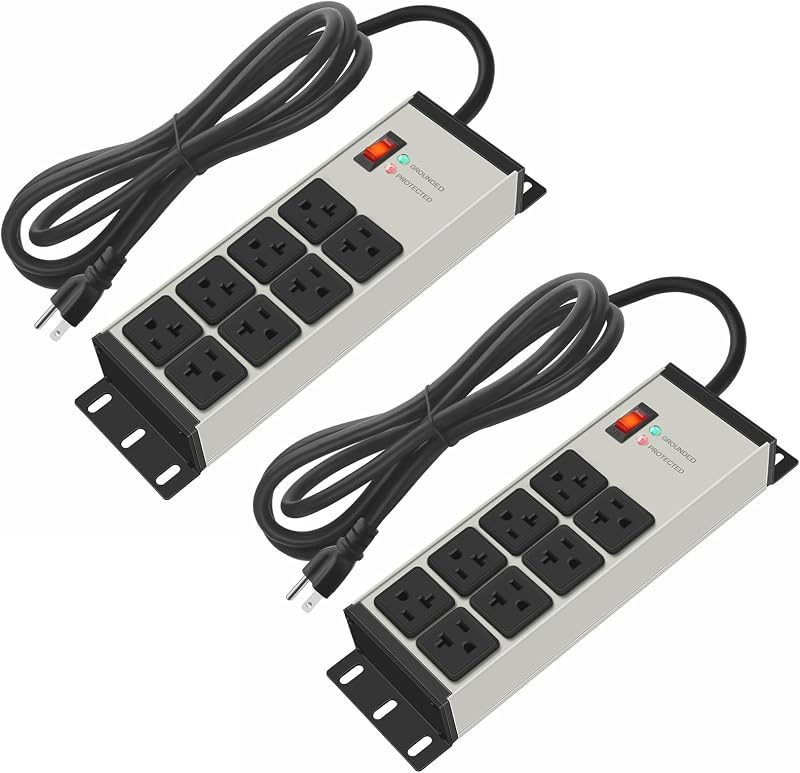 2PCS 12 Gauge Heavy Duty Power Strip, 8 Ports. Grey, 6FT. | Surge Protector, Extension Cord with Multiple Outlets, Wall Mount Plug Extender, Switch, Grounding, High Amp, Garage.