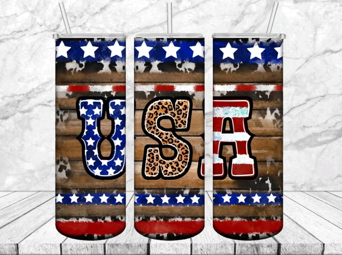 Western USA With American Flag Stars Tumbler, 20oz Skinny Tumbler, Cowhide USA Tumbler