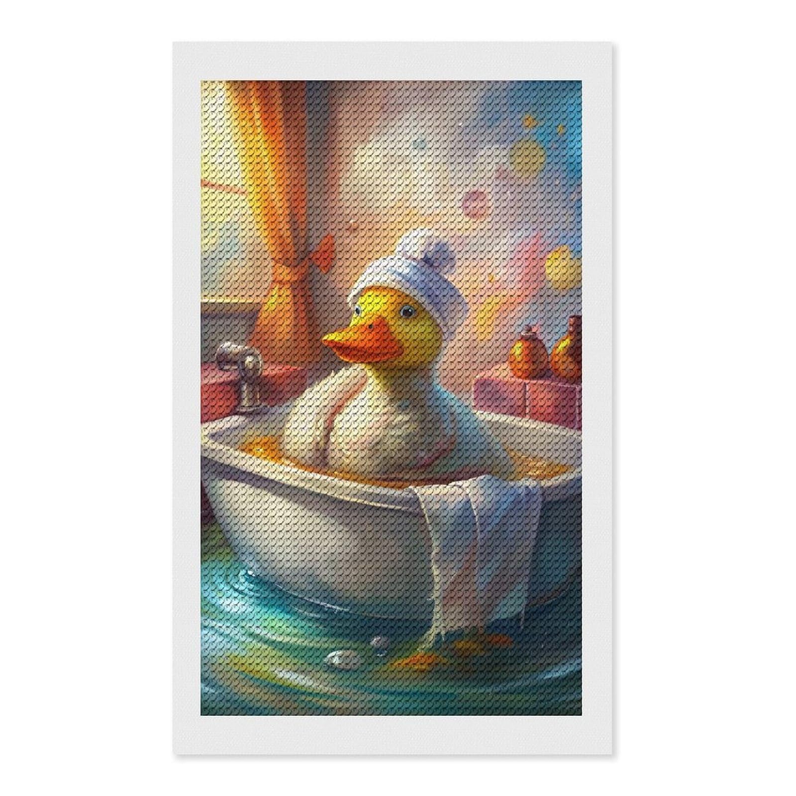 Junmoney Duck in Bathtub with Towel Hat Diamond Art Kit 12"x20", for Beginners, Vintage Style Decor, Good for Quiet Evenings, Festive Craft Gift