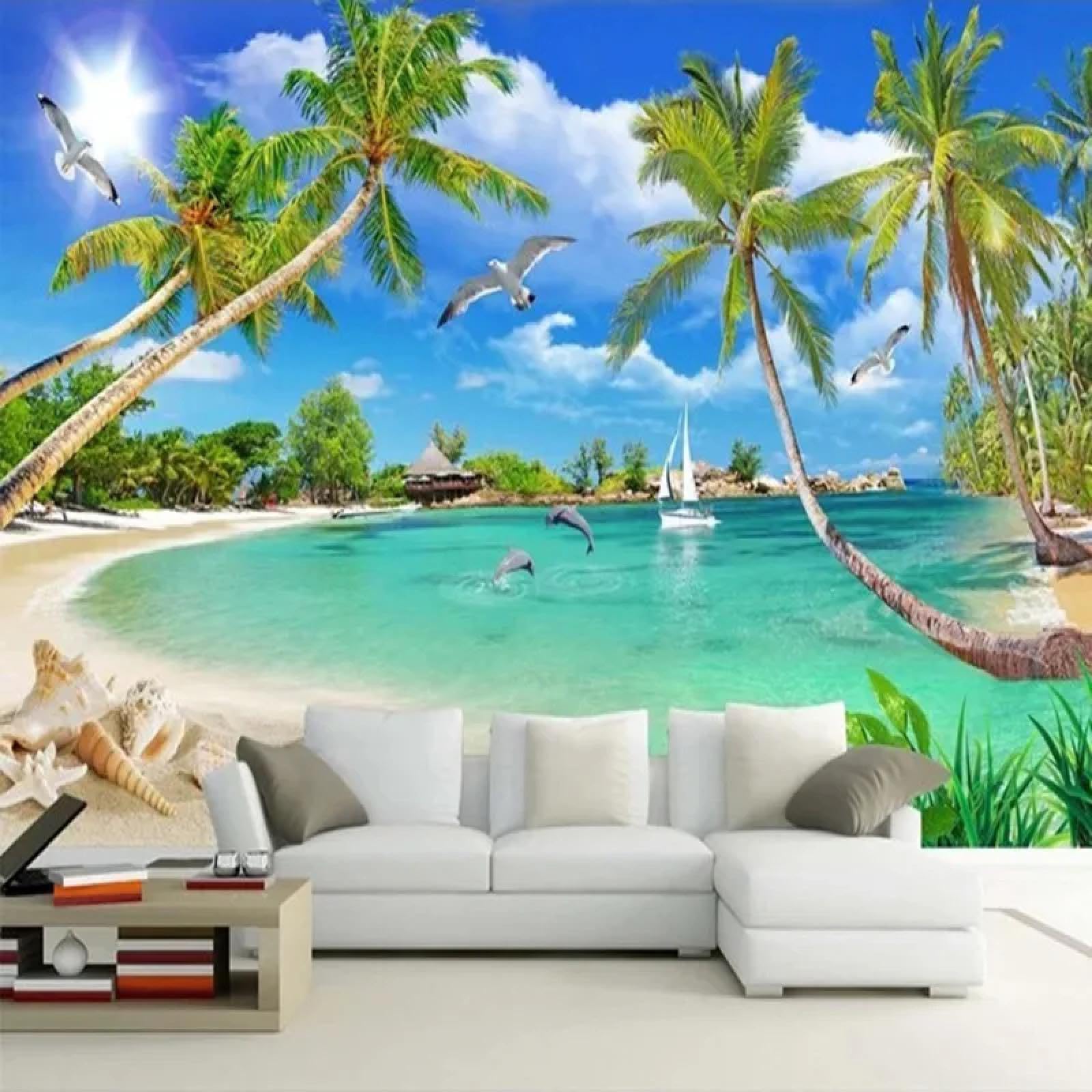 Murale 3D con spiaggia, cocco, gabbiano, delfino, barca a vela, oceano, paesaggio, soggiorno, TV, divano (PVC autoadesivo)