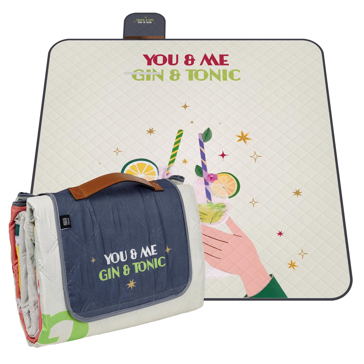 PERLETTI Telo Picnic Impermeabile Adulto 200x200 - Coperta Pic Nic Grande per Famiglia Spiaggia Montagna Parco Giardino - Tappeto da Campeggio per Esterno Portatile Pieghevole (Gin & Tonic, 200x200)