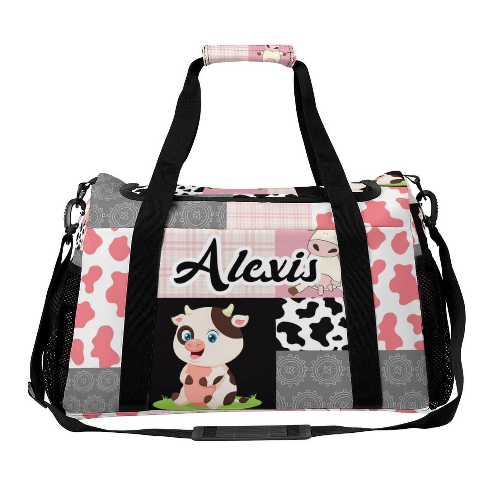 Personalized Pink Grey Patchwork Cow Print Duffle Bag with Adjustable Shoulder Strap Tote Bag for Women Man Workouts