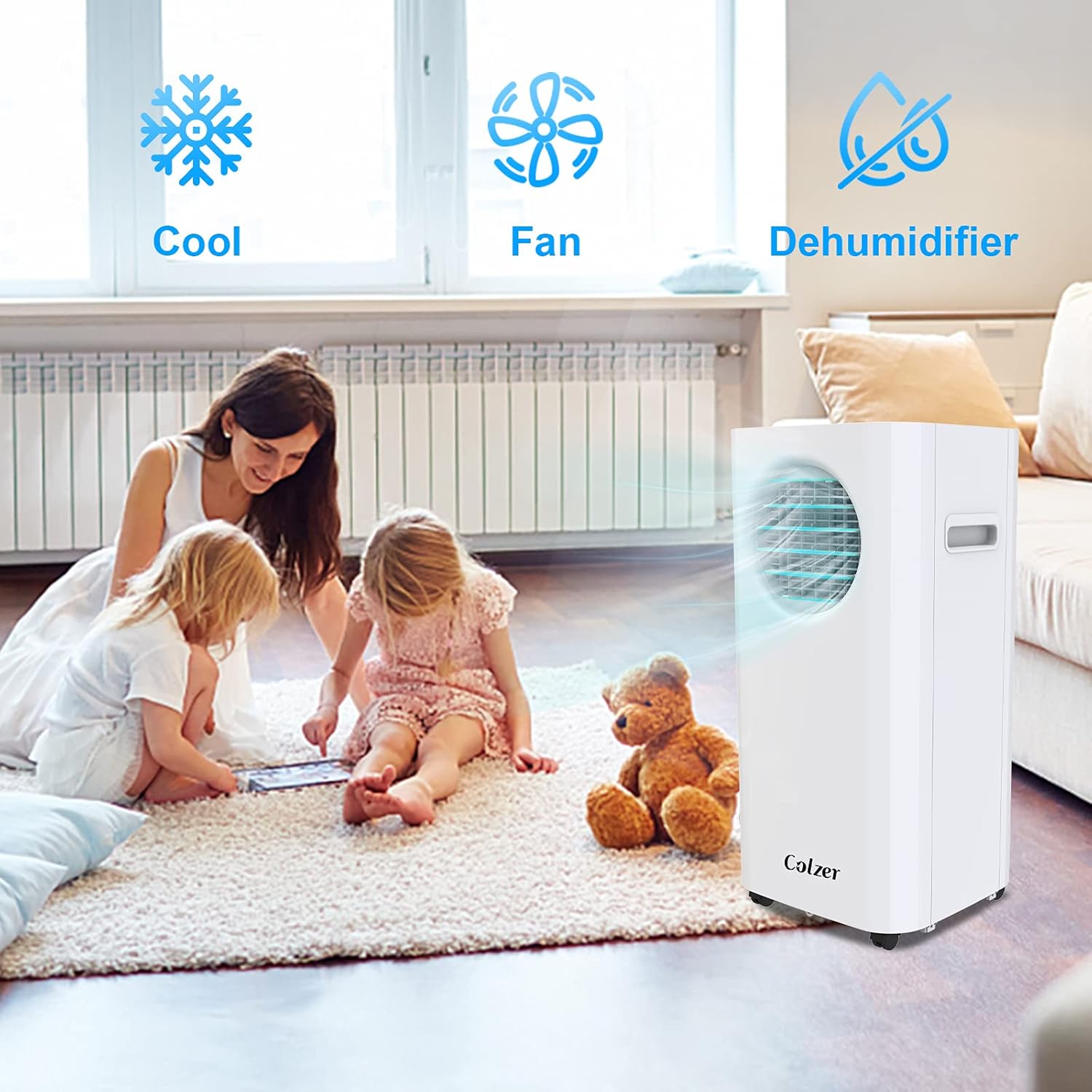 COLZER 3-in-1 Portable Air Conditioner in a living room with a family