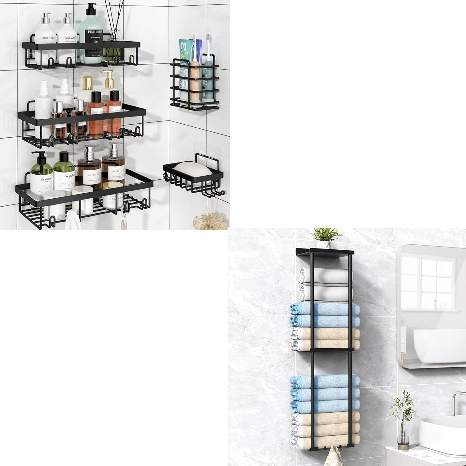 5 Pack Shower Caddy + 1 Towerl Rack for Rolled Towel, Wall Mounted, 2-Tier Design, Modern, Minimalist Style