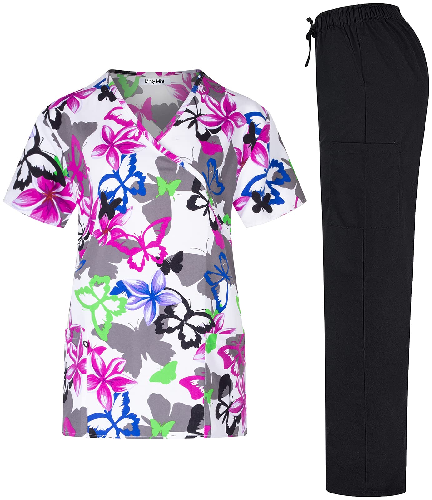 Minty Mint Women's Microfiber Printed Medical Scrub Set V-Neck Top and Pants White XS