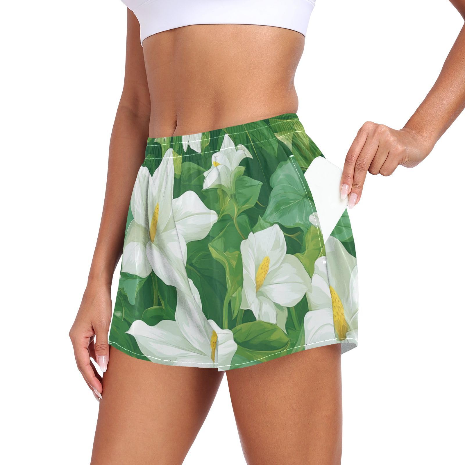 EtherSpher Beauty Spring Flowers Ohio Large White Trillium Womens Athletic Shorts with Pockets Girls Exercise Shorts for Outdoor Indoor Fitness Work Out ropa para hacer ejercicio L