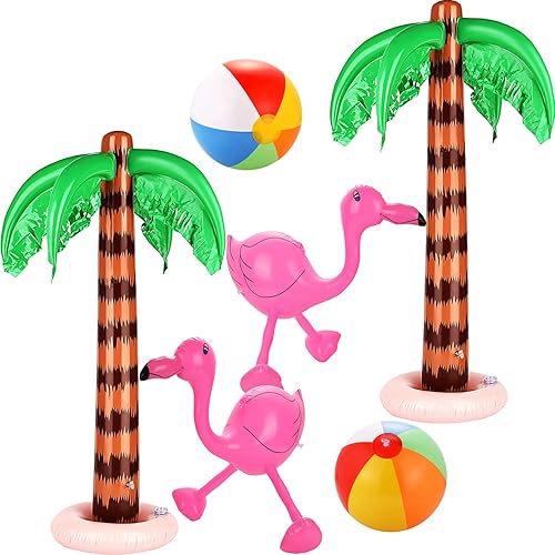 meekoo 6 palmeras inflables, cocoteros gigantes, flamencos rosados, bolas de playa coloridas, bolas de color arcoíris para decoración de fondo de