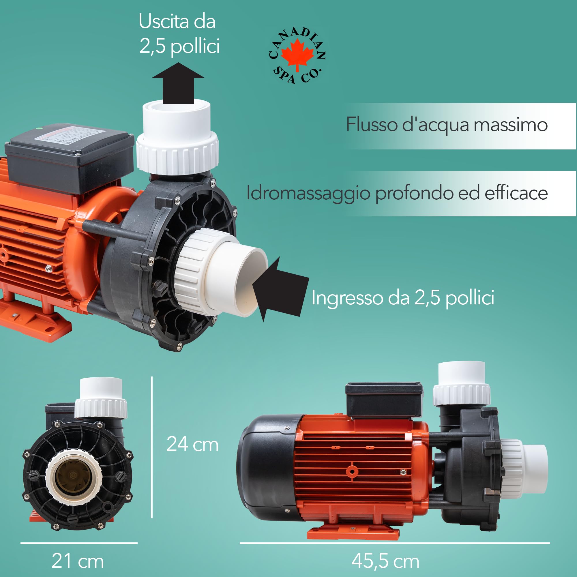 CANADIAN SPA CO. Pompa per massaggio 'Big Red' 5PS WP500-I, pompa per piscina a 1 stadio, attacco da 2,5 a 2,5 pollici, max. 1120 litri al minuto, idromassaggio