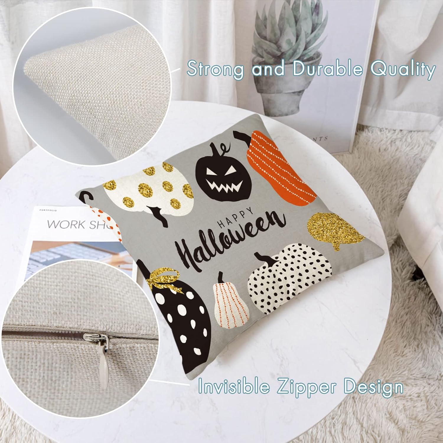 YeeJu Set of 4 Halloween Pillow Covers 26x26 Inch Trick or Treat Pumpkin Decor Throw Pillow Covers Black Halloween Cushion Covers Linen Square Pillow Cases for Home Outdoor Sofa Couch (26 by 26)