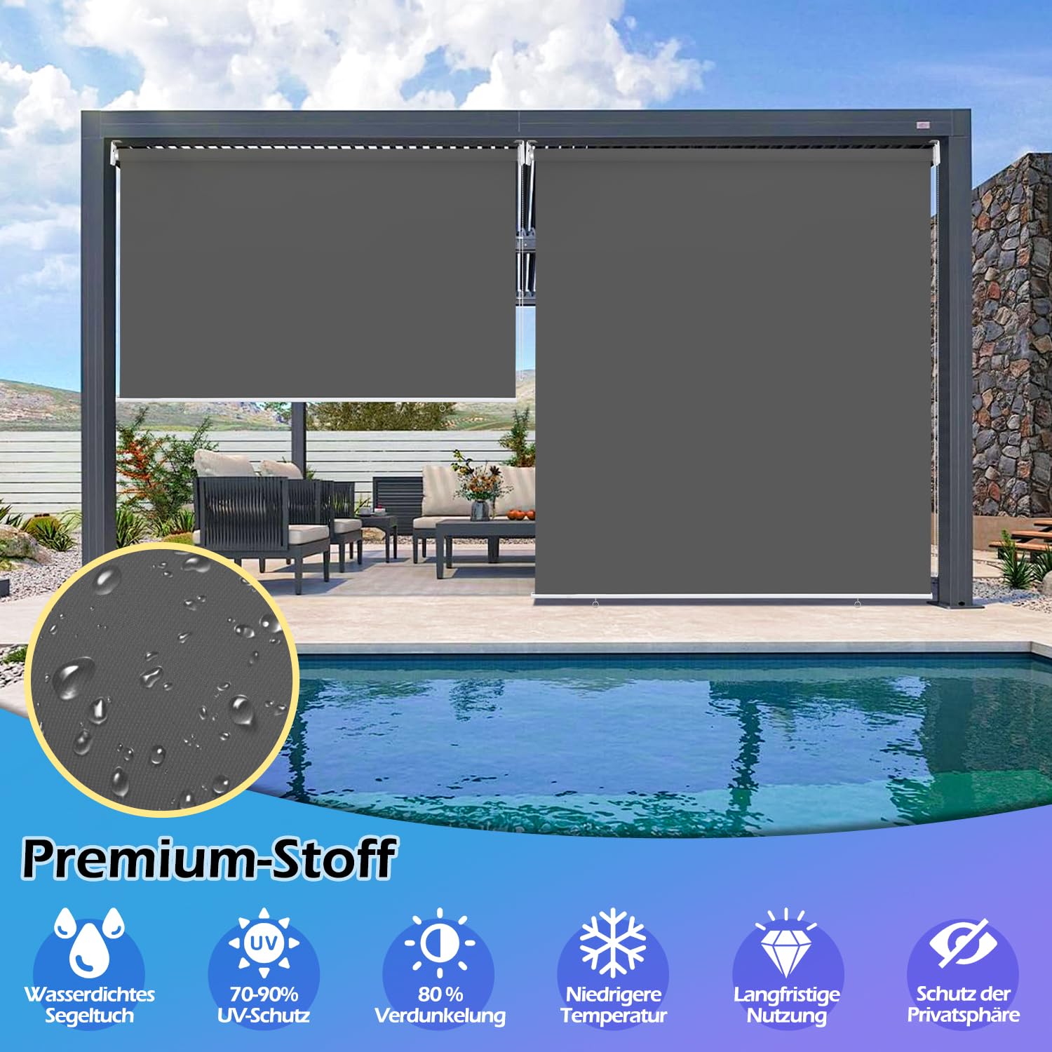 Randaco Senkrechtmarkise Vertikalmarkise Außenrollo Balkonrollo 180x240cm, Outdoorrollo für Balkon, Terrasse, Garten, Sichtschutzrollo Wetterfest Sonnenschutz UV Schutz, Anthrazit, 2X