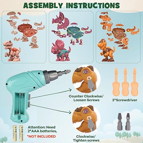 Miniatura 7 de Laradola Juguetes de dinosaurio para niños de 3, 4, 5, 6, 7, 8 años, niños y niñas, desarmable, construcción STEM con taladro eléctrico, regalos