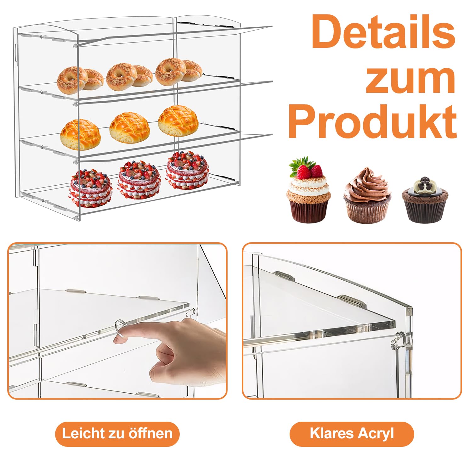 Vitrina acrílica para panadería, vitrina de pastelería, gabinete de pan transparente de 3 niveles, soporte acrílico para pan, galletas, donut, cupcakes para fiestas, eventos, tiendas