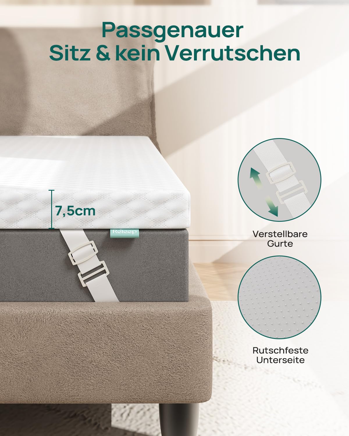 Releep Gel Topper 180x200cm H3/H4 7,5cm 5-Zonen Gelschaum Matratzen Topper | Wende-Topper mit Zwei Liegegefühlen, Kühlender Gelschaum, Waschbarer Bezug, Rutschfeste Unterseite, OEKO-TEX & CertiPUR
