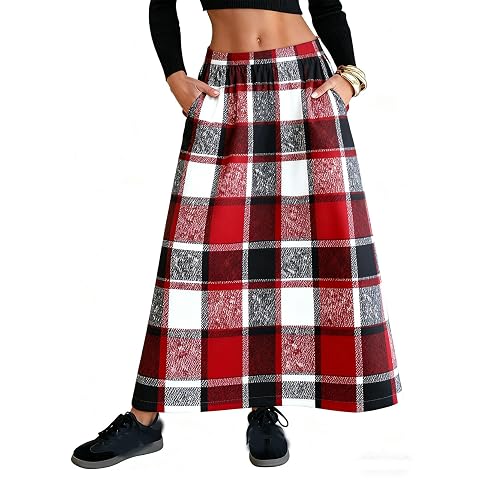 HGps8w Vintage Wool Plaid Maxi Skirt for Women Elagant High Waisted Loose A-Line Business Casual Skirts with Pockets