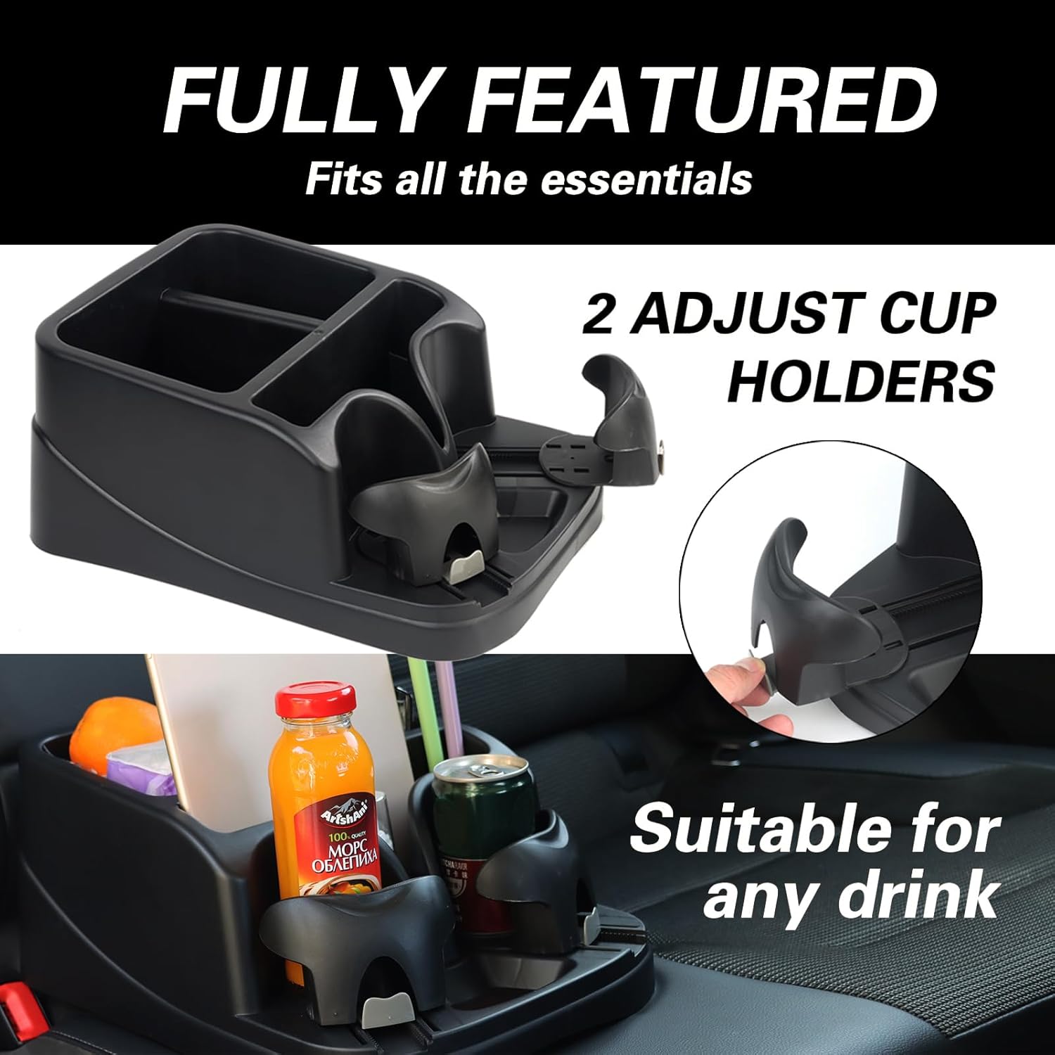 Center Console Organizer,Automotive Consoles Organizers and Storage with 2 Adjustable Cup Holders,Back Bench and Front Seat or Floor Middle Console Universal for Car Truck RV Van SUV (Black) - Image 2