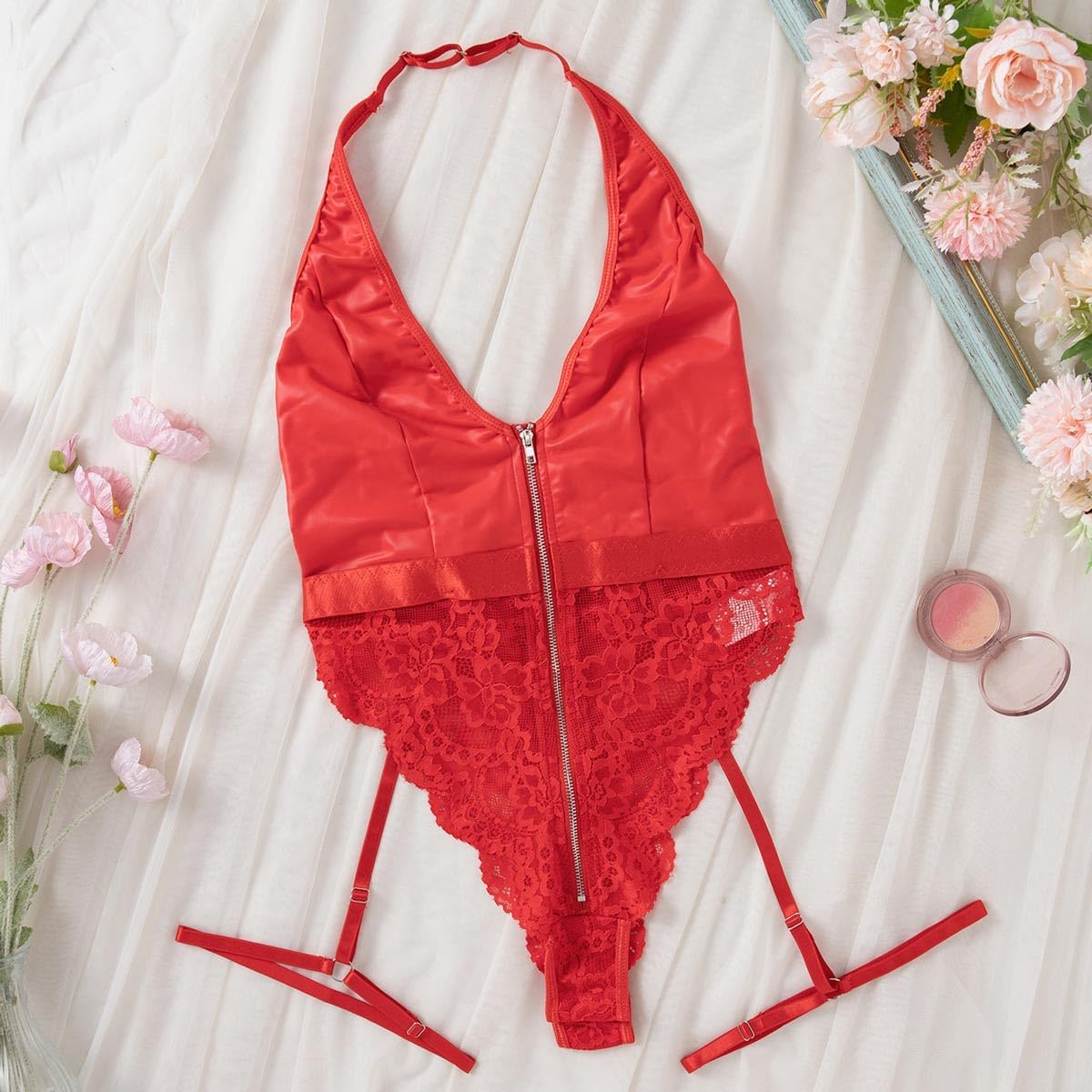 Lingerie for Women Leather Pu Teddy Bodysuit Leotard Nightwear Nightshirt with Garter - Image 5