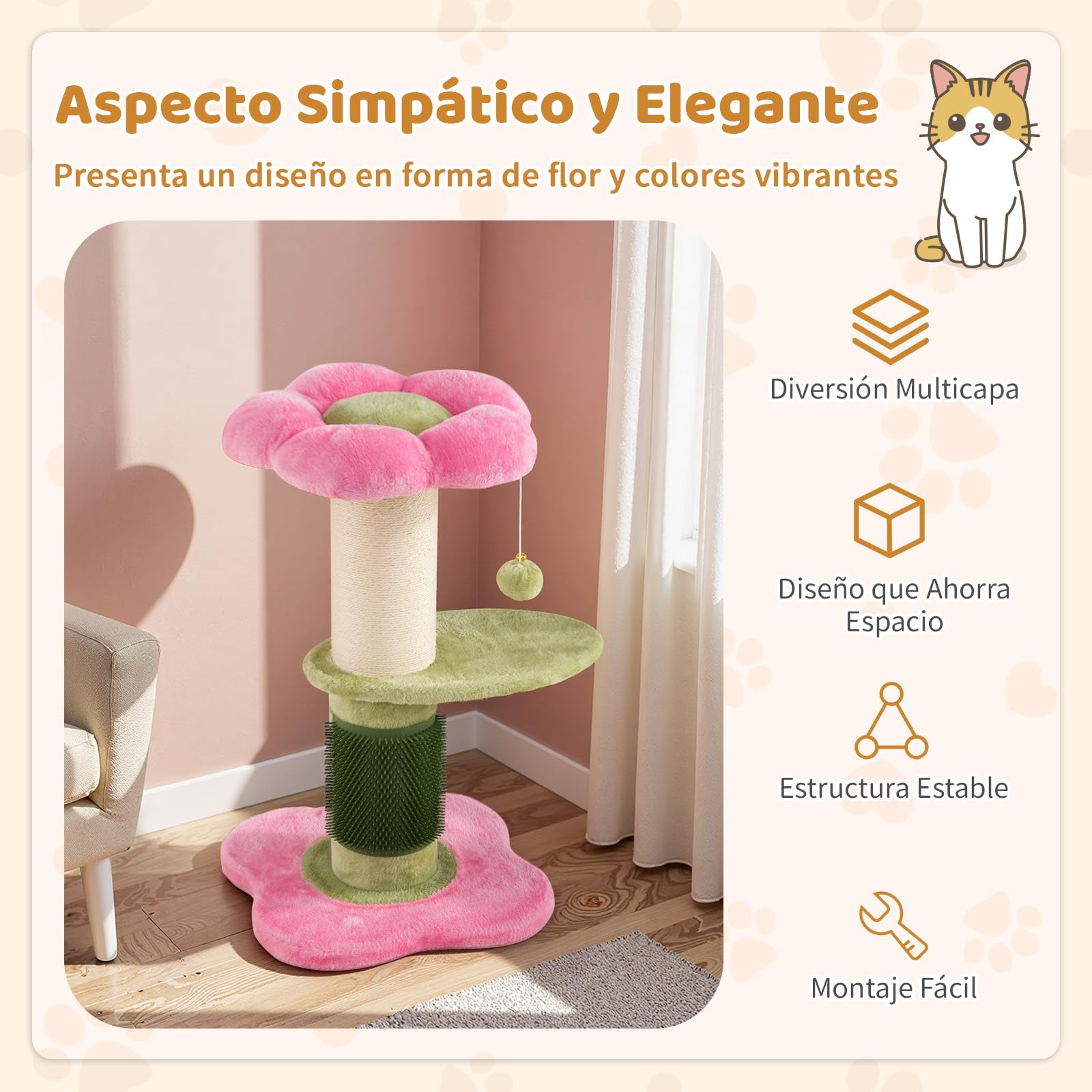 GOPLUS Árbol para Gatos de 69 CM de Altura, Pequeña Torre para Gatitos en Forma de Flor con Percha de Felpa Acolchada, Rascador de Sisal, Pelota Colgante y Cepillo, Parque para Mascotas (Rosa)