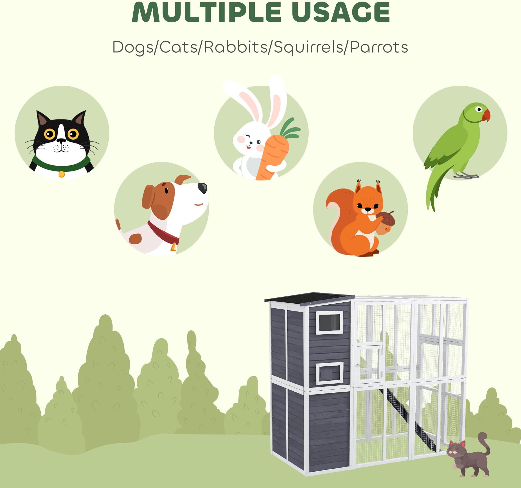 PawHut Catio Outdoor Cat Enclosure, Wooden Patio Cat Window Box with Platforms, Waterproof Asphalt Roof, Ramps, 77" L, Light Gray