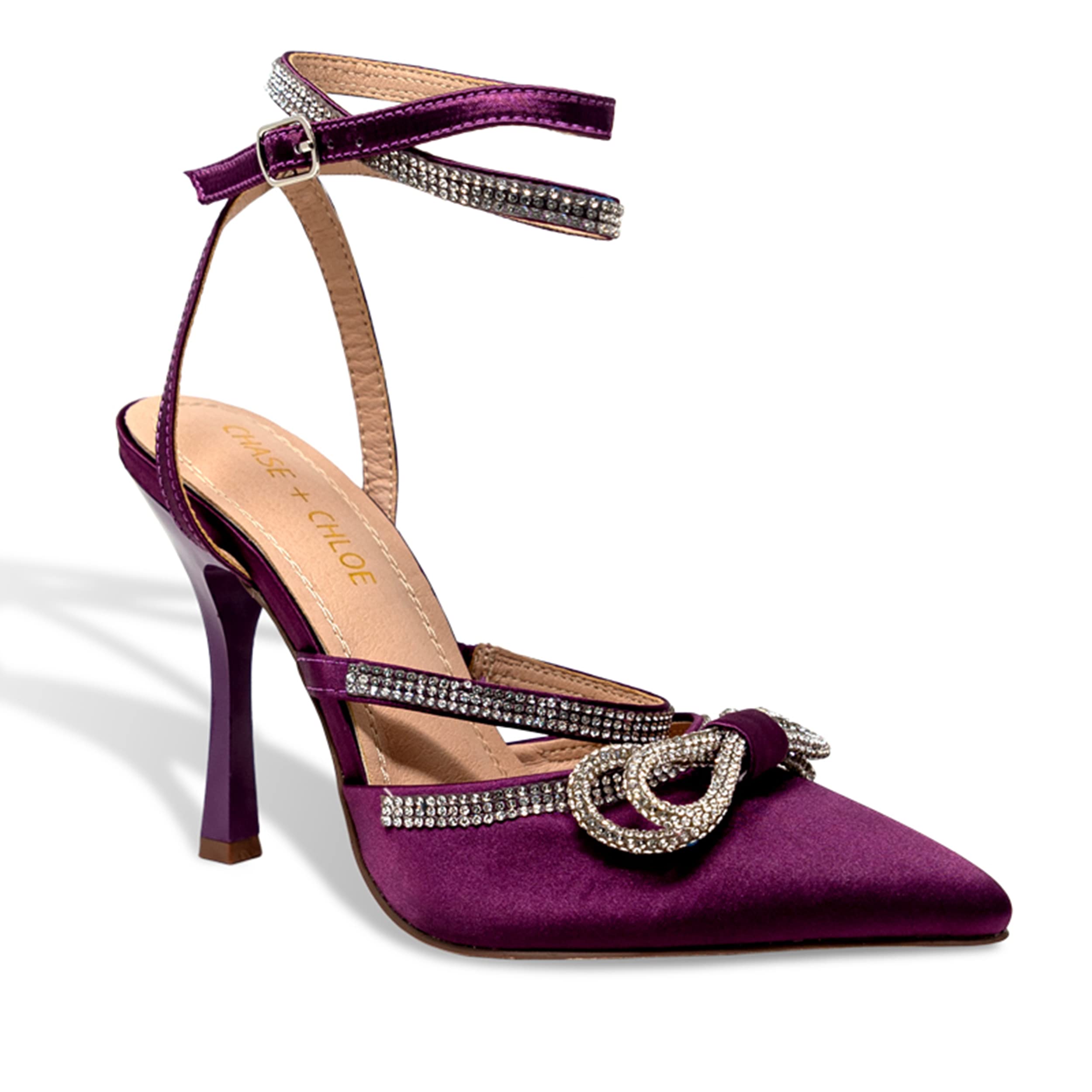 Chase & ChloeWomen's Closed Toe Rhinstone Wedding Low Heel Slingback Clear Kitten Heels,Adjustable Strap Pointed Toe Bow Pumps High Heeled Prom Dress Shoes