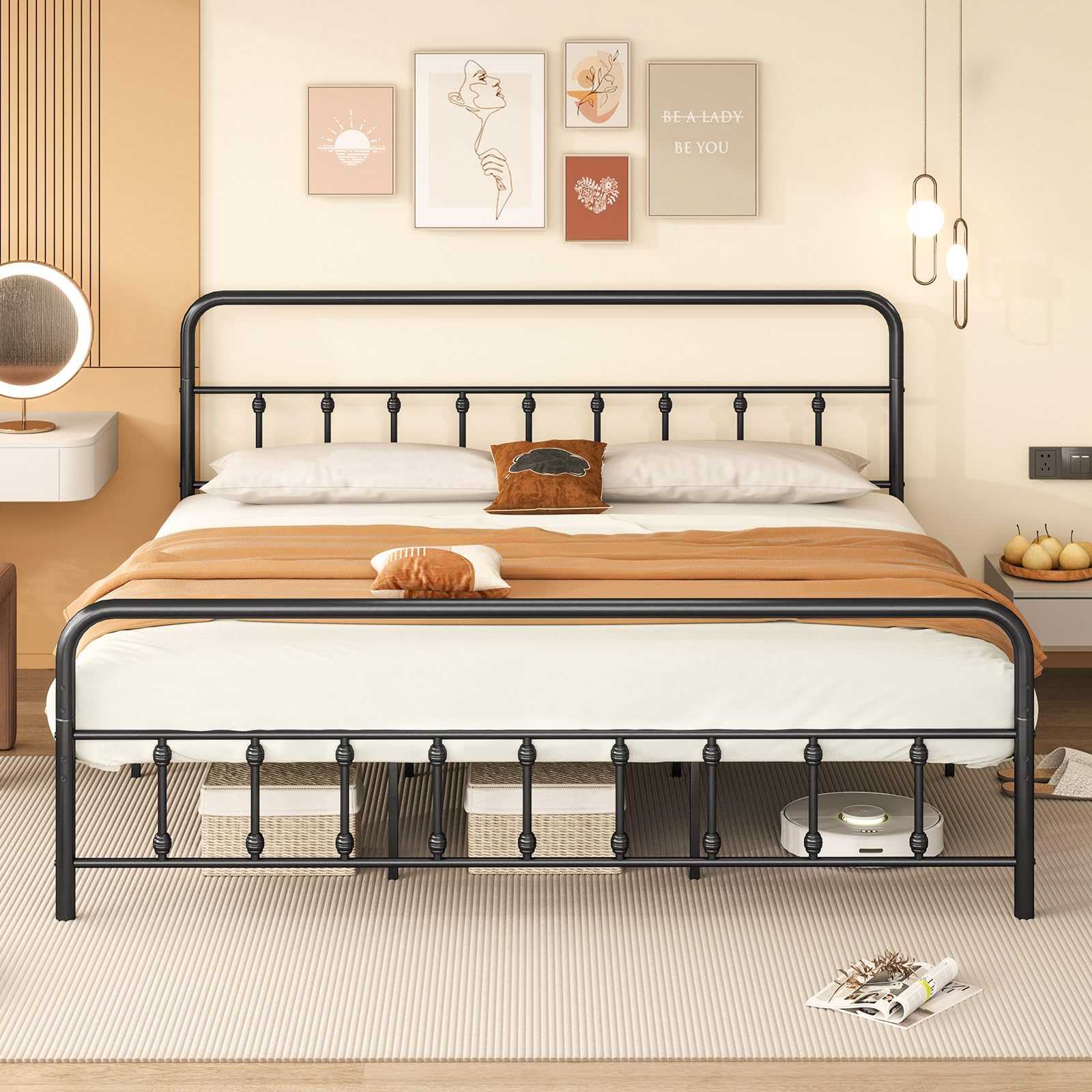Giantex King Size Metal Platform Bed Frame, Victorian Style King Platform Bed with Headboard & Footboard, Heavy Duty Mattress Foundation, 1100 lbs