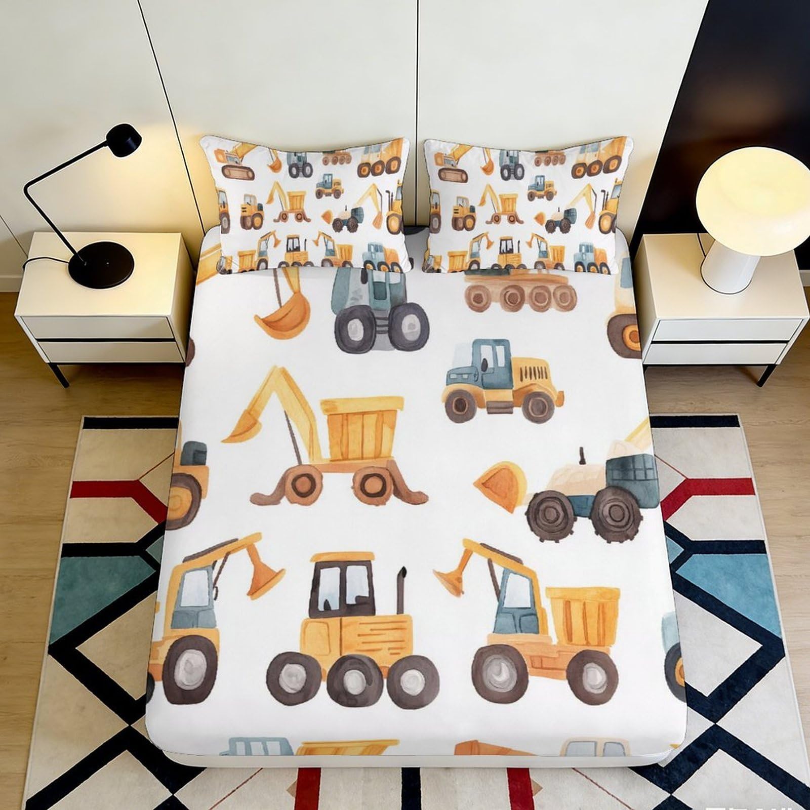 3D Printed Construction Vehicles Fitted Sheet Microfiber Soft Breathable Excavator Bed Cover for Bedroom Dorm Decor 90x200x25cm
