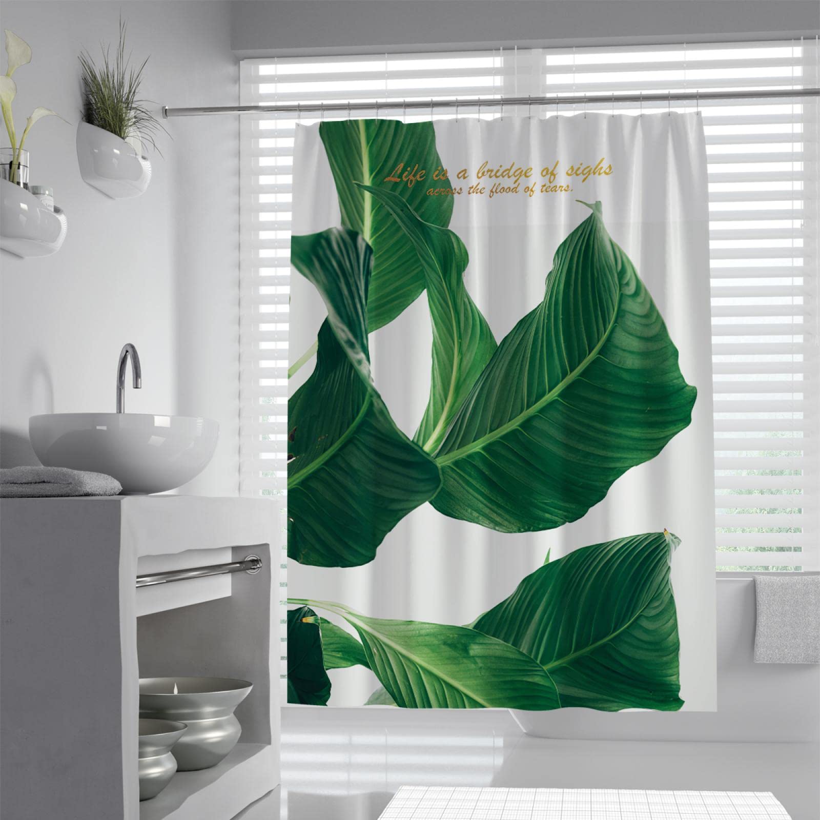 Verde Foglia D'oro Motto Inspirational Lettera Stampa Tessuto in Poliestere Bagno Impermeabile Artistico Poliestere tende da doccia con Ganci Bianco 150x200 cm