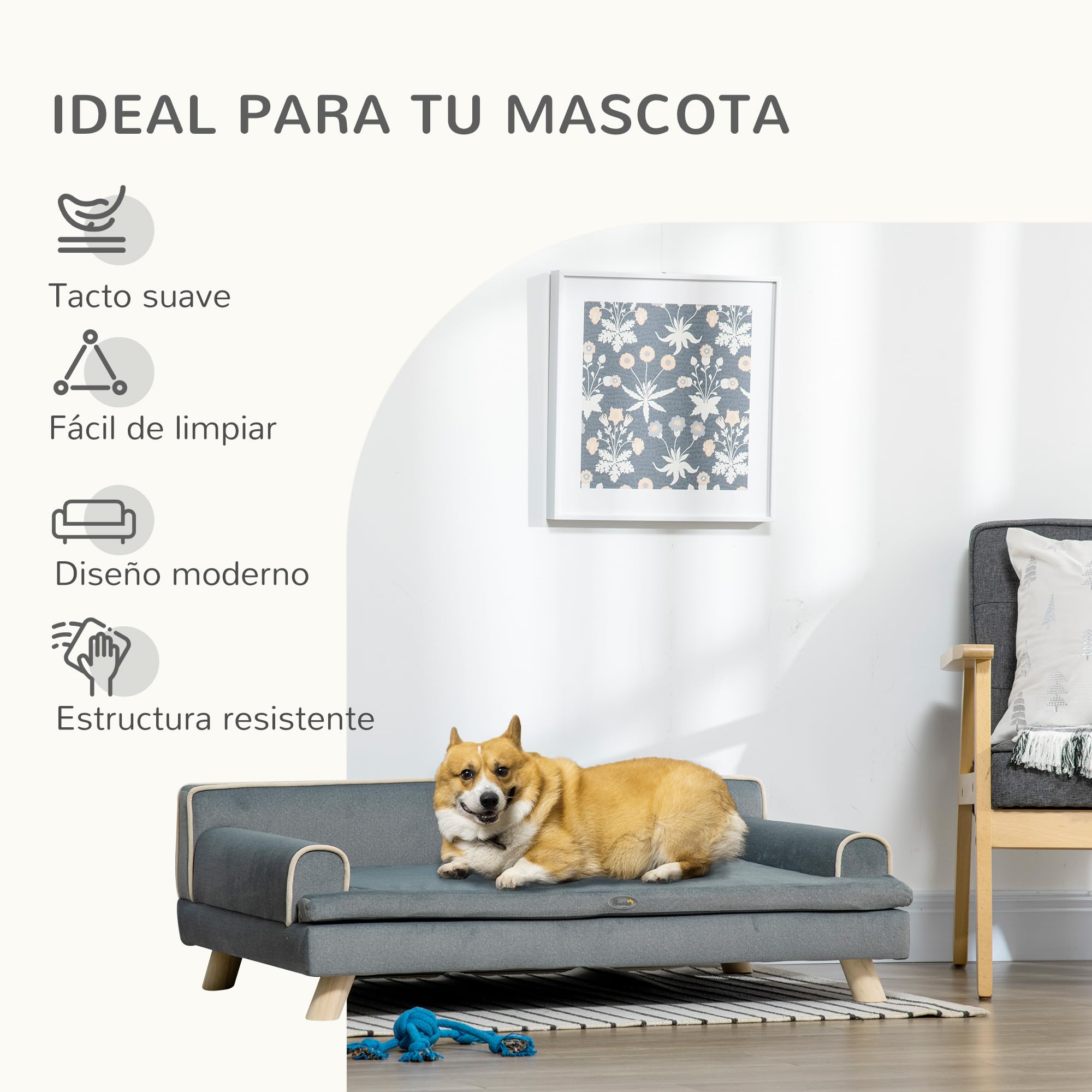 PawHut Sofá para Perros Grandes y Medianos, 100x62x32 cm, Cama Elevada para Perros, Tapizada en Chenilla, con Cojín Lavable y Patas de Madera de Pino, Gris Oscuro