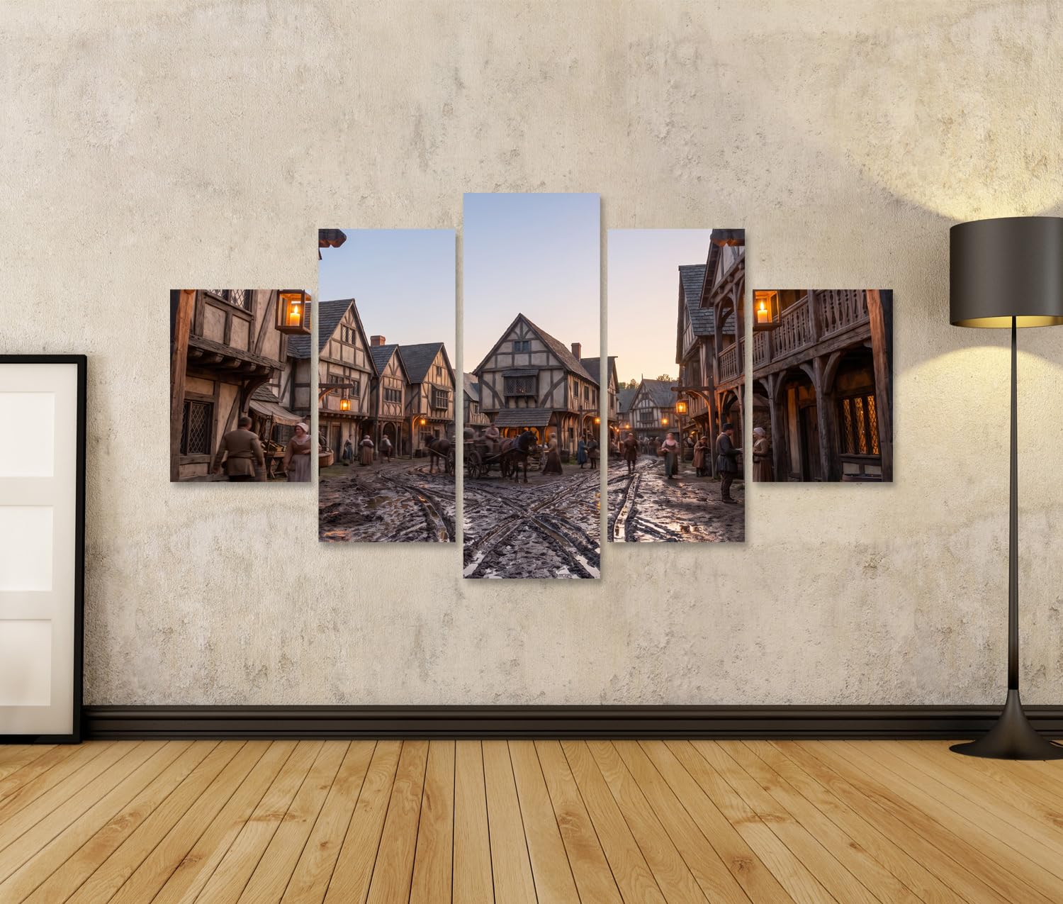 islandburner Quadro su tela, motivo: villaggio medievale storico, decorazione da parete per soggiorno, per gli amanti della storia, 5 pezzi