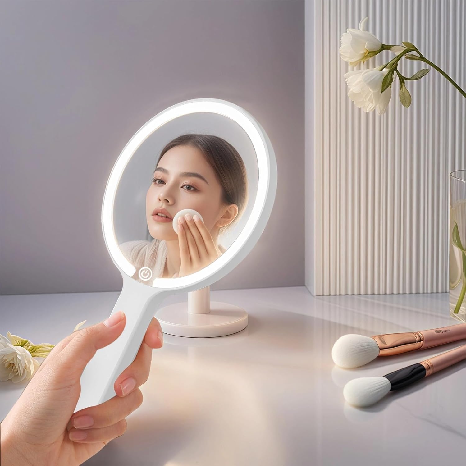 Led Portable Makeup Mirror with Touch-Sensitive Control, 3 Light Modes, Rechargeable Type-C, Round Pearl White Design for Dorms and Travel