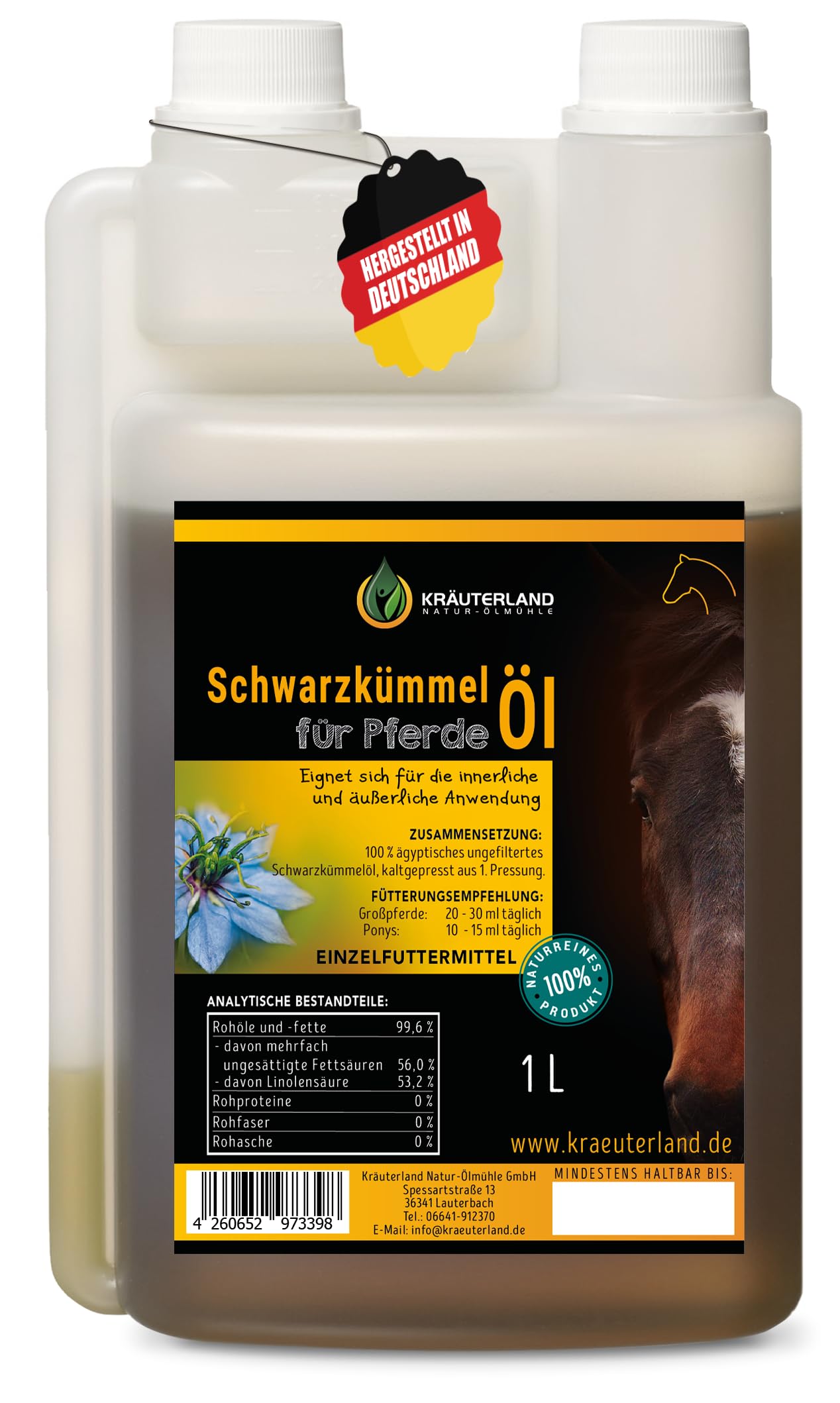 Kräuterland Schwarzkümmelöl für Pferde & Hunde 1 Liter in Dosierflasche - 100% rein, kaltgepresst, ungefiltert - Deutsche Premium Qualität