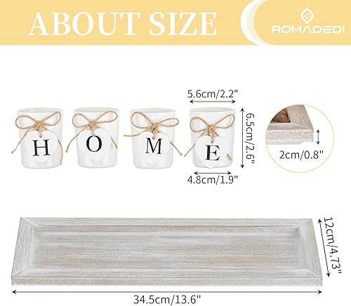 Miniatura 5 de Romadedi Portavelas de centro de mesa de granja, bandeja de madera rústica con 4 portavelas de cristal para mesa auxiliar, decoración del hogar,