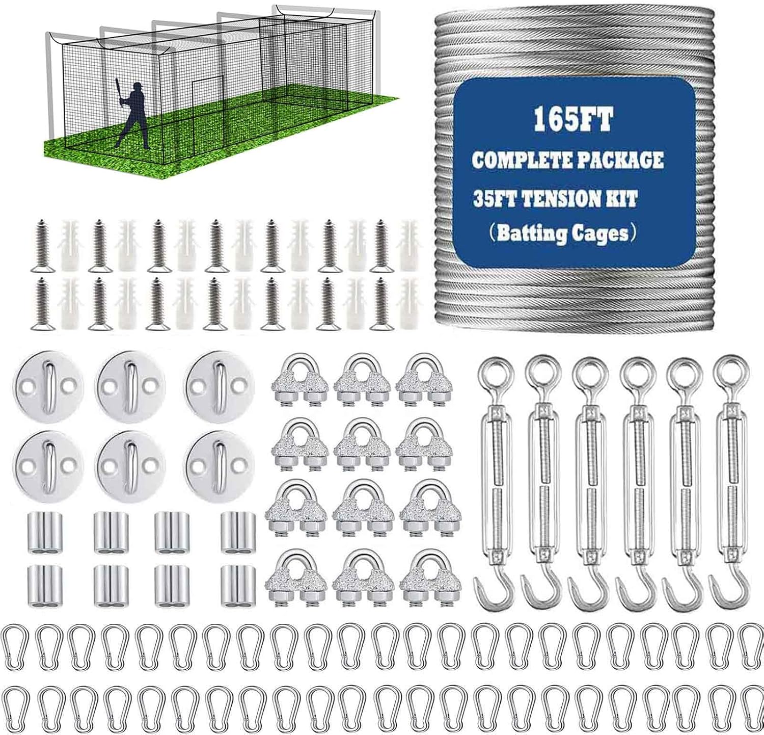 Baseball Batting Cage Netting Wire Tension Kit - Softball Batting Cage Cable Suspension Kits Batting Cage Netting for DIY Net Hanging Kit Indoor Outdoor