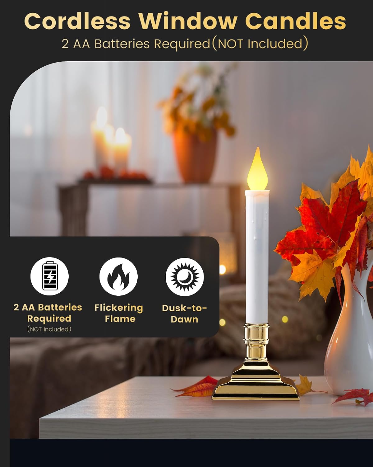 SURAIELEC 4 Pack Battery Operated Window Candles, Dusk-to-Dawn Window Lights with Removable Candle Holders, LED Flameless Candlesticks for Christmas Window, Mantel, Dining Table, Gloss Gold image 2
