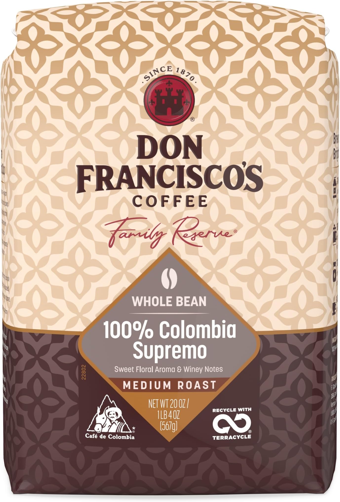 Don Francisco's 100% Colombia Supremo Whole Bean Coffee, Medium Roast – 100% Arabica, 20 oz Bag, Premium Coffee for Drip, Pour Over and French Press