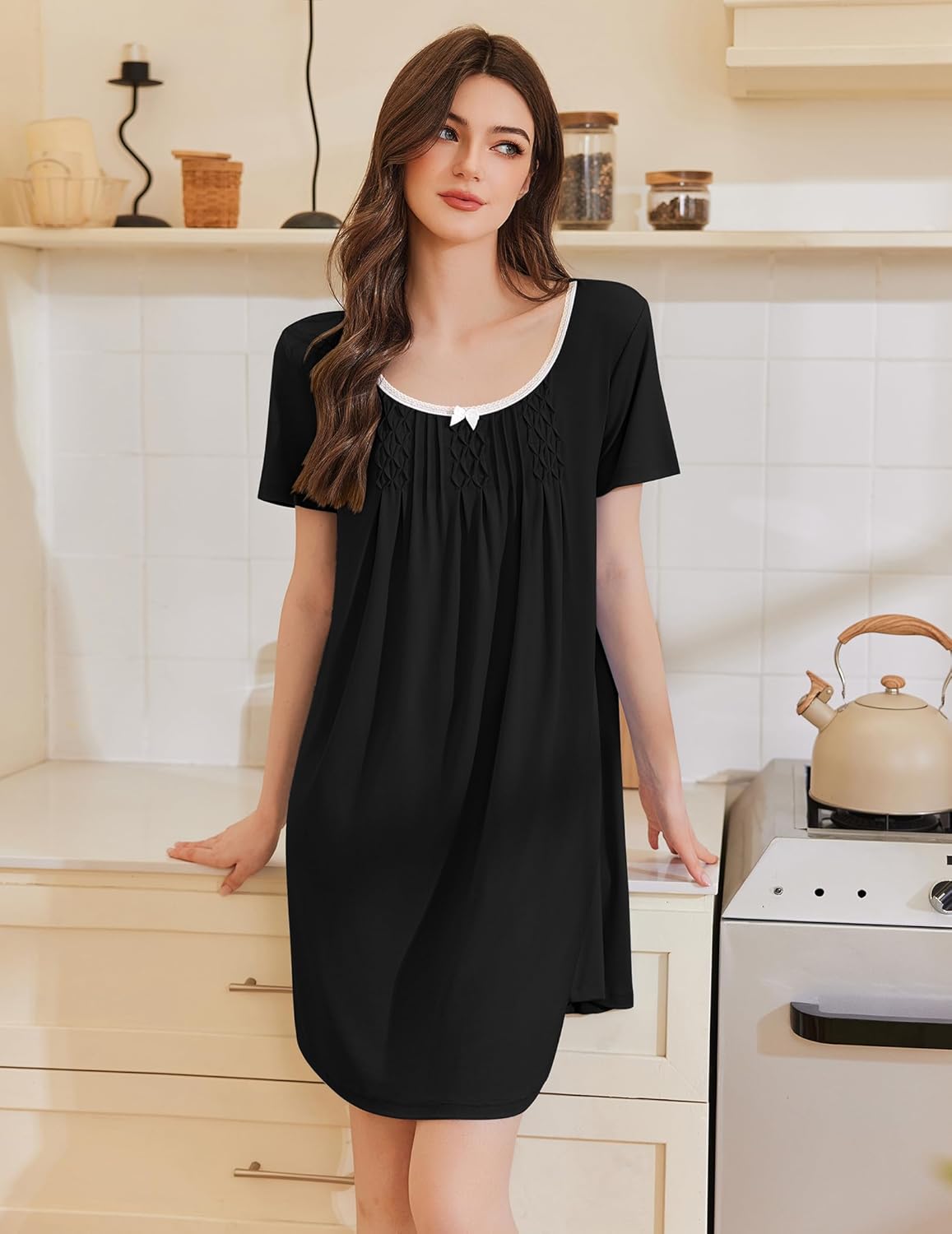 Ekouaer Nightgowns for Women Pleated Sleep Shirts Short Sleeve Night Shirts Lace Trim Night Gown Ladies Sleep Dress - Image 2