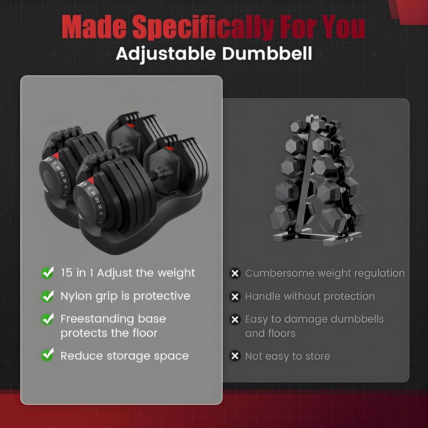 Infographic highlighting the benefits of the HAKENO adjustable dumbbell: 15-in-1 weight adjustment, protective nylon grip, freestanding base, and reduced storage space.