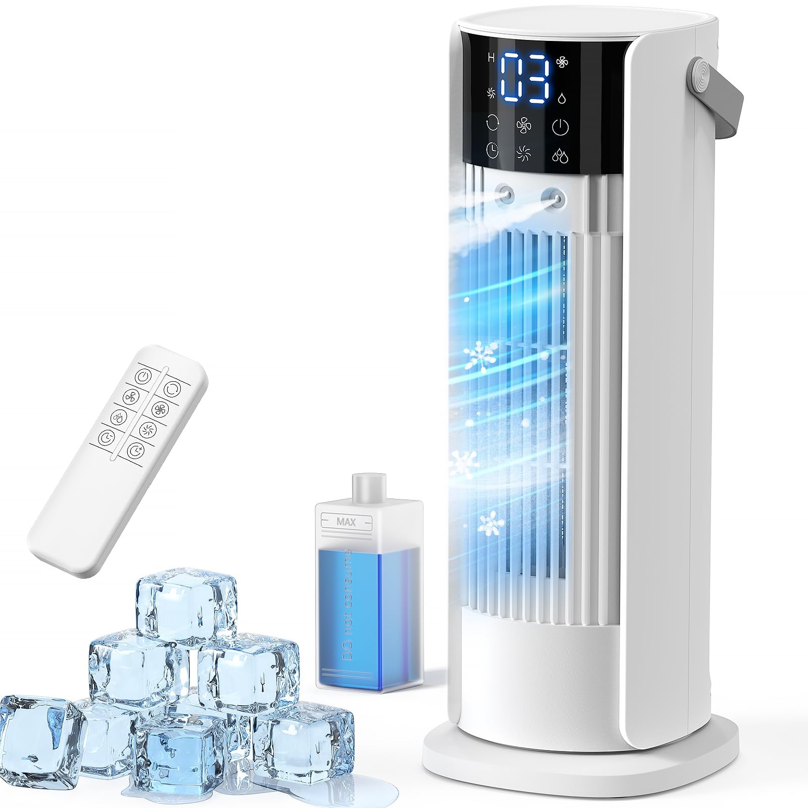 Aire Acondicionado Portátil Sin Tubo Exterior, 4 en 1 Ventilador Refrigeración, 3 Niveles de Velocidad, Función de Nebulización, Oscilación de 90°, Pantalla LED, con Mando a Distancia (Blanco)