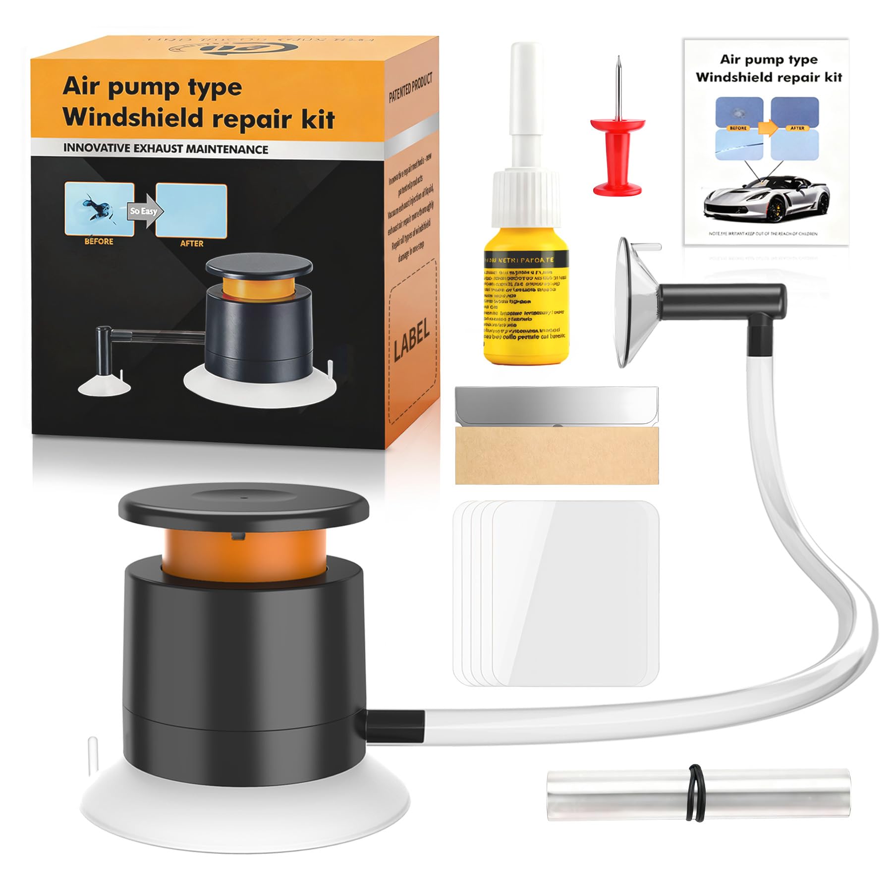 Kit Riparazione Parabrezza Universale, Kit Riparazione Vetro Auto con Pompa a Vuoto, per Riparazioni di Chip e Crepe, a Forma di Stella, Set di Riparazione in Vetro Veloce e Semplice