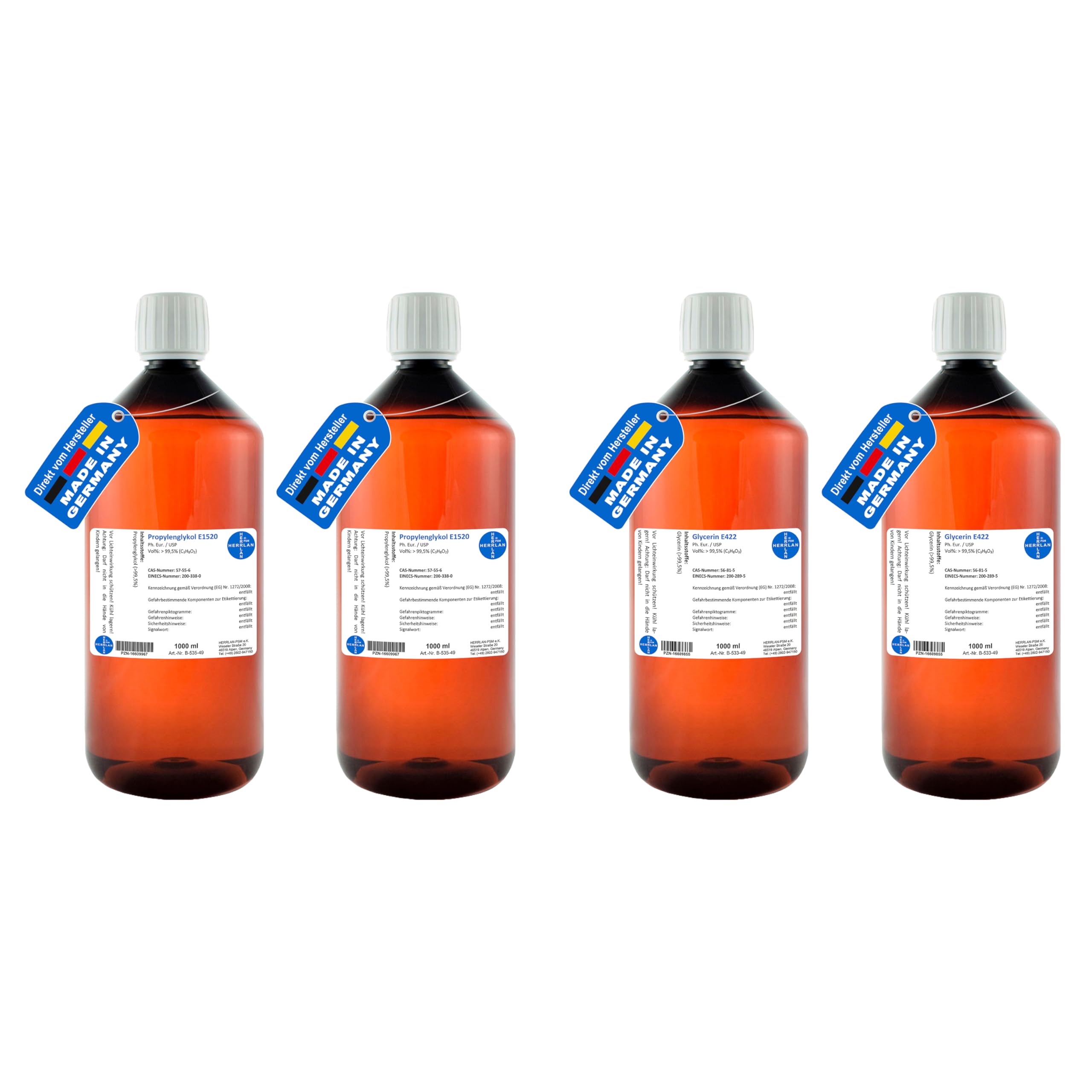 HERRLAN® 2 x 1000 ml Glycerin 99,5% E422 + 2 x 1000 ml Propylenglykol 99,5% E1520 – 4 x 1000 ml Ph.Eur. Set in höchster Qualitätsstufe - SPITZENQUALITÄT - Made in Germany