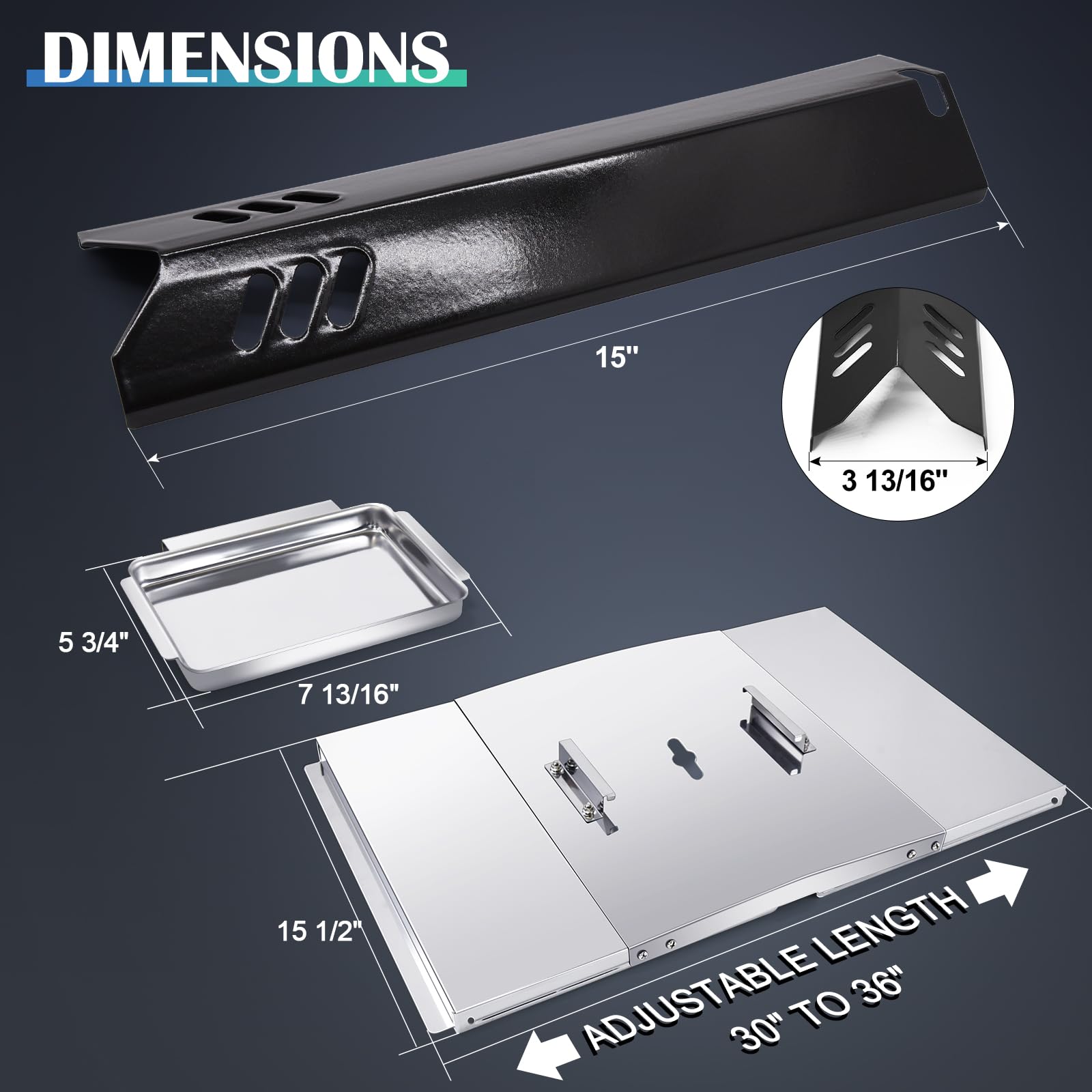 Hiorucet Bandeja de grasa de parrilla de repuesto para Dyna Glo DGB610SSP, bandeja de goteo ajustable de 30 a 36 pulgadas con bandeja de captura, protectores de placa térmica para piezas de parrilla