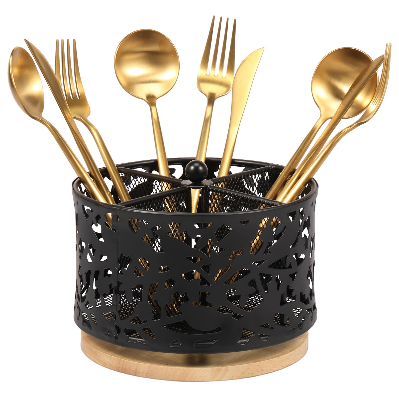 360° Rotating Hollow Out Countertop Utensil Caddy Metal Kitchen Utensil Holder 17×17×13cm Cutlery Silverware Caddy Holder with 4 Compartment Flatware Organizer for Kitchen Counter Party Office